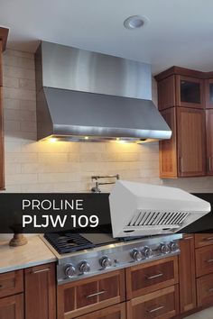 a stove top oven sitting inside of a kitchen next to wooden cabinets and counter tops