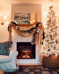 a living room with a christmas tree and fireplace