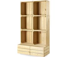 a wooden bookcase with drawers on the front and bottom shelves, all in different sizes