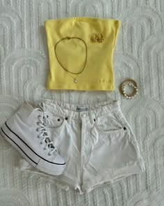 biancasfashun on tt Cute Fits With Jean Shorts, Summer Shorts Outfits Aesthetic, Cute Outfits Layed Out, Cute Denim Shorts Outfits, Yellow Aesthetic Outfits, Yellow Outfits Aesthetic, Yellow Summer Outfits, Summer Outfits Colorful, Yellow And White Outfit