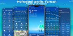 the weather app is displayed in three different screens, including one with blue sky and white clouds