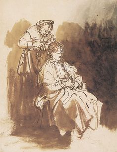 an old drawing of two people sitting on a bench with one woman holding the other's hand