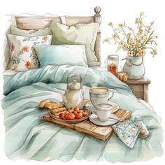 a watercolor painting of a breakfast tray on a bed with tea, bread and fruit