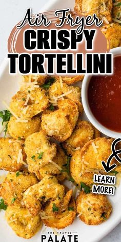 the cover of air fryer crispy tortellini is shown on a white plate