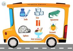 an ice cream truck is shown with its name on the side and pictures of different things in it