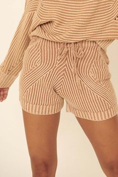 Feeling Right Two-Tone Rib-Knit Sweater Shorts - ShopPromesa Brown Shorts With Elastic Waistband For Loungewear, Fall High-waisted Beige Shorts, Cozy Shorts With Pockets, Cozy Short Bottoms For Fall, Cozy Knit Shorts, Beige Elastic Waistband Shorts For Loungewear, Beige Shorts For Fall Loungewear, Casual Knit Shorts For Loungewear, Casual Beige Shorts For Fall