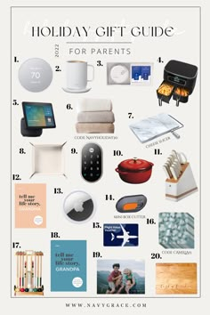 the holiday gift guide for parents is shown in this graphic style, with pictures and text