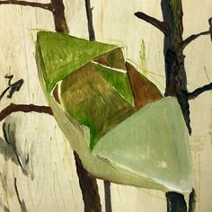 a painting of some kind of green object hanging from a tree