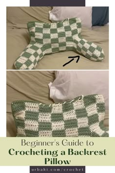 a crocheted pillow with the text beginner's guide to crocheting a