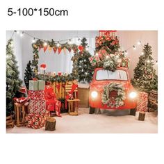 a red car with presents on the roof and christmas trees around it in front of a white wall