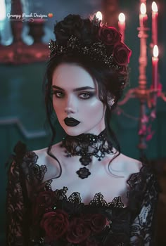 a woman with black makeup and red roses in her hair, wearing a gothic costume