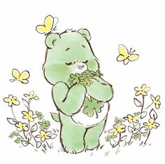 a drawing of a green teddy bear with yellow butterflies on his head and chest, standing in front of flowers