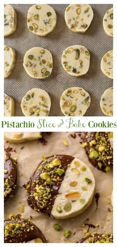 pistachio, seed and date cookies on a baking sheet with text overlay