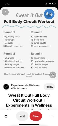 an iphone screen showing the full body circuit workout schedule and instructions for how to do it