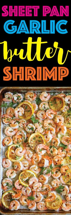 sheet pan garlic butter shrimp with text overlay