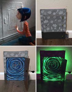 four different images of a child's room with green and blue lights in it