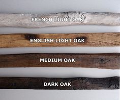 four different types of wood used in the making of an oak tree branch, english light oak, medium oak and dark oak