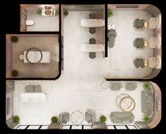 an aerial view of a living room and dining area