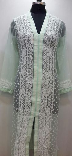 Lucknowi Chikankari Online Kurti Sea Green Faux Georgette $40 Lucknowi Suits, Chikan Embroidery, Lucknowi Kurta, Kurtas For Women, Chikankari Suits, Long Kurtis, Lucknowi Chikankari, India Dress, Bollywood Style