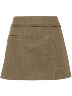 olive green merino wool A-line front welt pocket mid-rise rear zip fastening thigh-length straight hem Victoria Beckham Outfits, Wool Mini Skirt, Women Skirt, Yoko London, City Dress, Suede Skirt, Summer Beach Wear, Exclusive Fashion, Green Skirt