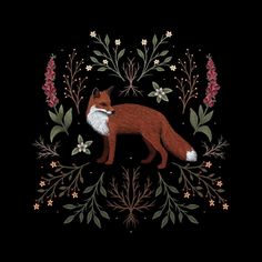 a fox with flowers and leaves on it's back in the dark art print