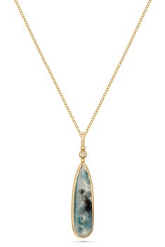 Gold & Stone Necklace - This necklace features a drop pendant of Paraiba quartzknown for its rich color and fascinating inclusions of green, gray, and blue. Set in 18k gold and accented with a brilliant-cut diamond between the bezel and bail. Lobster clasp closure.<br>Diamond: 0.02ct, SI1/G+ Gold Stone Necklace, Artisan Bracelets, Artful Home, Gold Stone, Pearl Diamond, Drop Pendant, Brilliant Cut Diamond, Stone Necklace, Gold Pendant