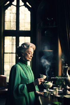 an older woman in a green dress holding a tea cup