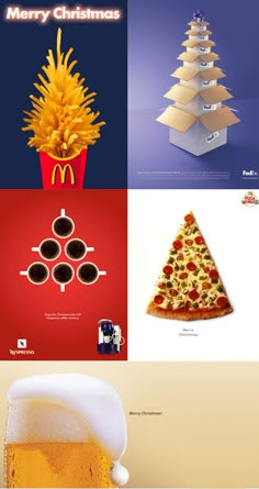 four different christmas cards with pizza, pineapples and other food items on them