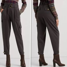 This Iteration Of The Quintessential Cargo Pant From Lauren Ralph Lauren Features A Tapered Silhouette With A Paperbag Waist. Smooth Ponte Affords A Polished Look, While "Lrl"-Engraved Snapped Tabs At The Cuffs. Elasticized Paperbag Waist Two Front Waist Patch Pockets; Loop At The Bottom Of The Front Right Waist Pocket Pleating At The Waist Snapped-Flap Cargo Pocket At The Side Of The Left Knee; Two Back Waist Snapped Flapped Pockets Zip Fly With A Hook-And-Bar Closure; Interior Stay Button. Col Preppy Pants, Pinstripe Jumpsuit, Beige Leggings, Corduroy Pants Women, Paperbag Pants, Ralph Lauren Women, Wide Leg Linen Pants, Womens Jersey, Ralph Lauren Jeans