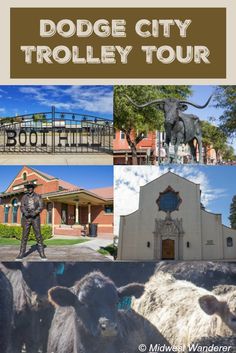 a collage of images with the words dodge city trolley tour in front of it