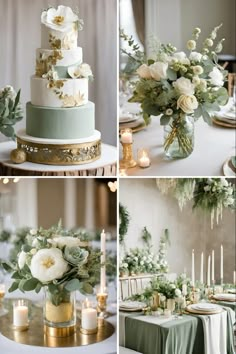 four different shots of a wedding cake and table with flowers in vases on it