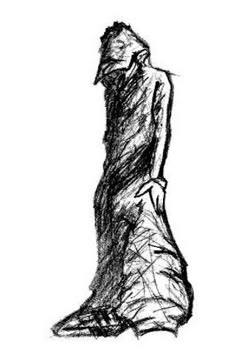 a black and white drawing of a man in a long dress looking up at the sky