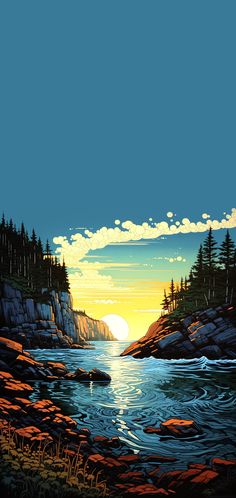 a painting of the sun setting over a rocky shoreline with trees and rocks on either side