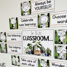 classroom bulletins with plants and words on them for children to use in the classroom