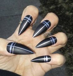 Gothic Long Black Matte Stiletto Nails, Silver Crosses, Occult, Witch Nails, Goth, Acrylic Press on