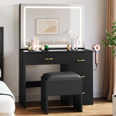 a bedroom with a vanity, stool and mirror on the wall in front of it