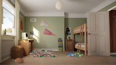 a child's bedroom with bunk beds and toys on the floor