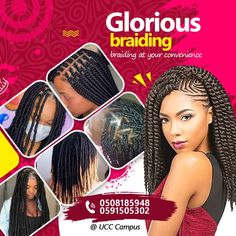 an ad for glorious braiding, with pictures of different types of hair