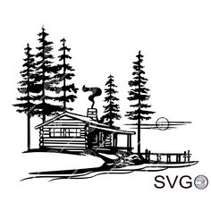 a black and white drawing of a cabin in the woods