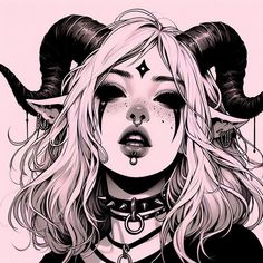 a drawing of a woman with horns and piercings on her face is shown in black and white