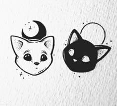 two black and white drawings of cats with crescents on their heads, one has a moon