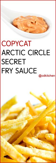 a close up of french fries on a plate with sauce in the background and text overlay that reads copycat arctic circle secret fry fry sauce