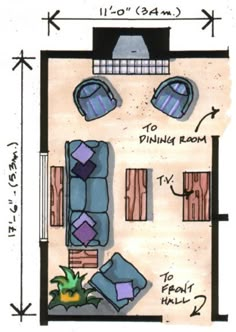 the floor plan for a small living room with couches, tables and other furniture