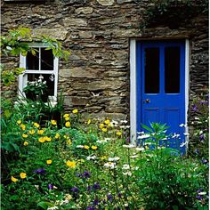 a blue door in the side of a stone building surrounded by wildflowers and other flowers