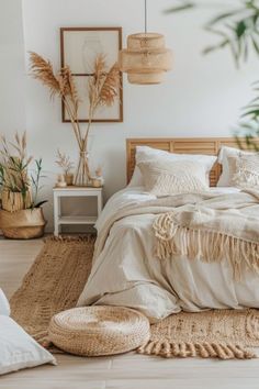 a bedroom with white walls and natural decor