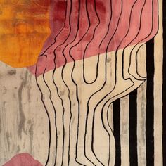 an abstract painting with lines and shapes in pink, orange, yellow and black colors