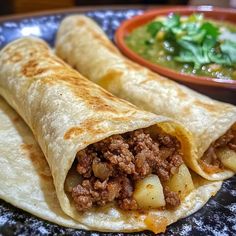 two burritos with meat and potatoes on a blue plate next to a bowl of salsa