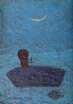 a painting on the side of a building with a moon in the sky above it