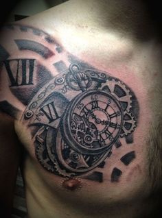 a man with a clock tattoo on his chest