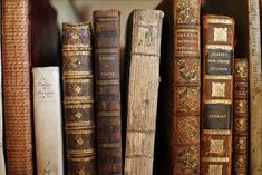 old books are lined up on a shelf